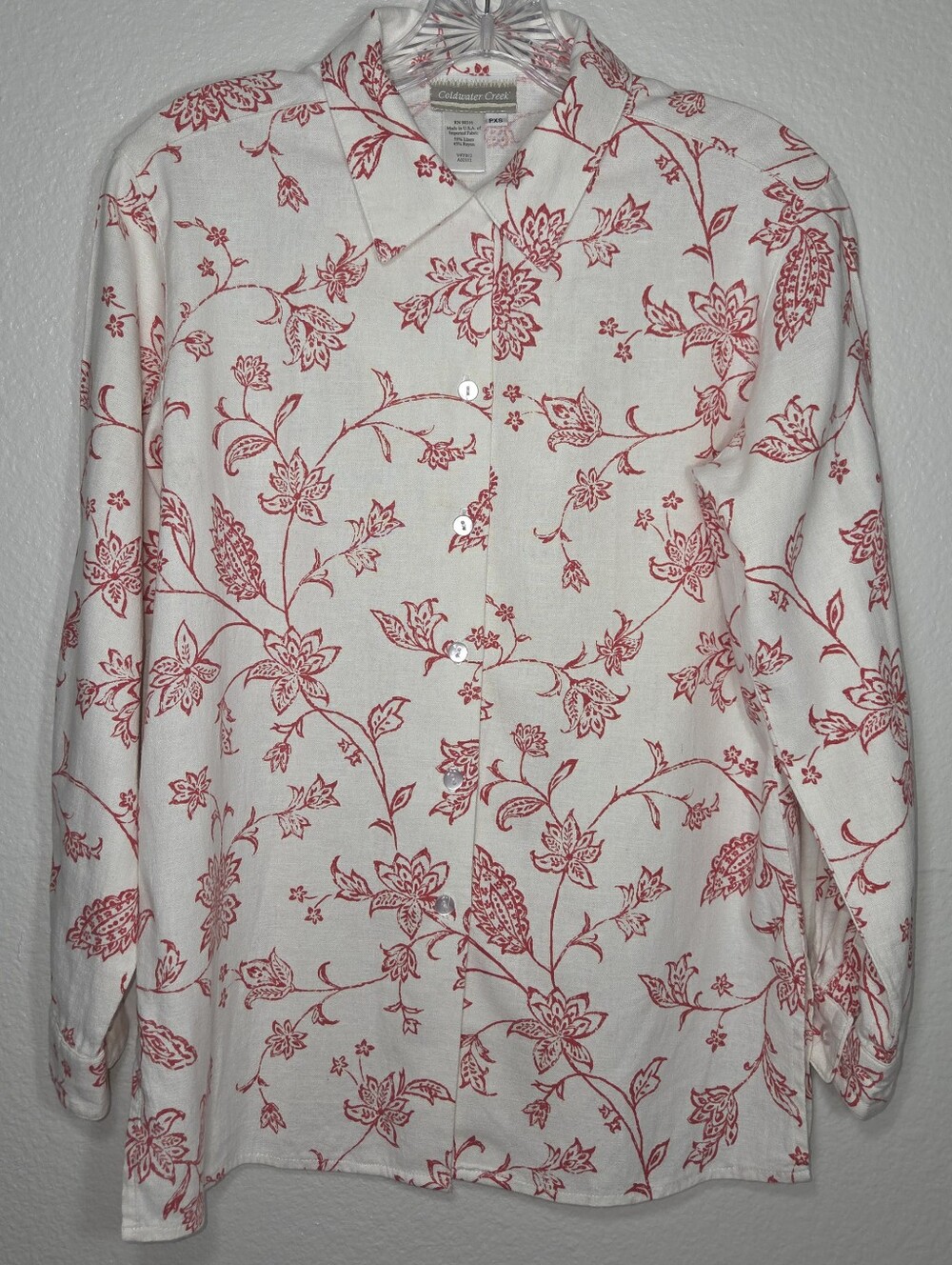 Coldwater Creek White Button-Up Shirt with Red Floral Design